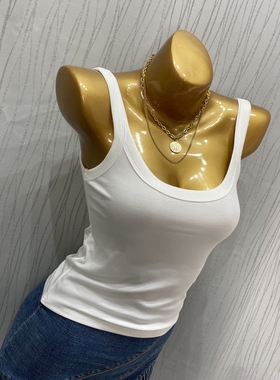 MISS WU2024夏装宽肩带修身显瘦白色背心大领口弹力U领无袖T恤上