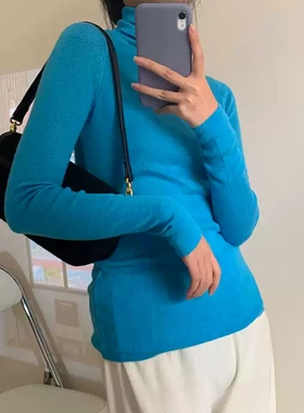孔雀蓝湖蓝色毛衣女修身显瘦叠穿内搭亮蓝色堆堆高领打底针织上衣