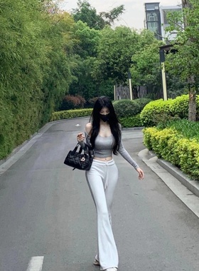 MISS WU灰色条纹紧身显瘦吊带背心夏季法式辣妹长袖短款开衫两件