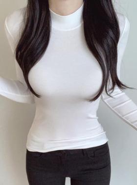 MISS WU MF139复古砖红色~自留气质半高领紧身打底长袖T恤se