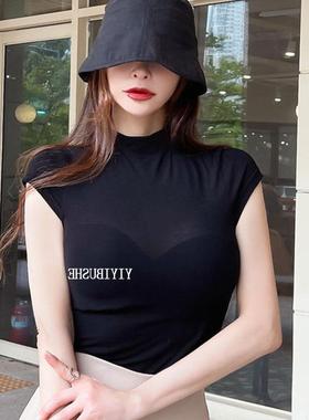 MISS WU LB185黑色显身材~女人味半高领紧身短袖T恤iy