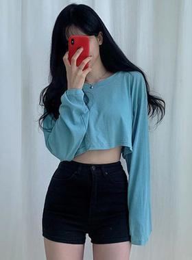 显瘦轻薄短款水蓝色防晒衫女淡湖蓝色爵士舞蹈上衣长袖海螺蓝T恤