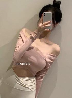 热销 MISS WU MR050温柔交叉露锁骨紧身短款长袖T恤ik