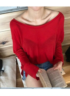 MISS WU新款下衣失踪t恤女红色圆领大宽松长袖时尚韩版bf学生防晒