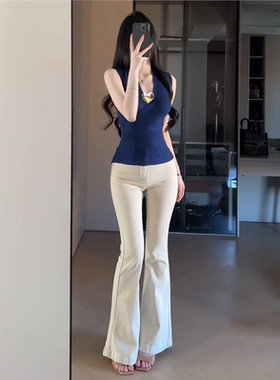 现货 蓝色交叉低胸V领无袖针织背心女夏季气质高级感紧身短款上衣