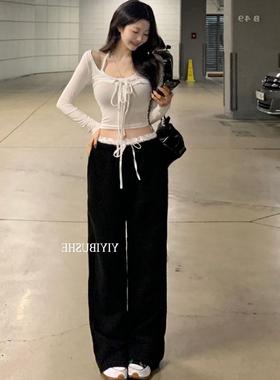 MISS WUZH738韩妹爆款BI备~甜酷低腰露脐荷叶边阔腿休闲裤ze