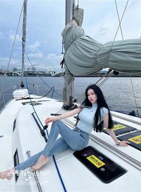 夏季chic上衣甜辣清新海蓝色紧身显瘦显胸半高领短袖T恤女打底衫