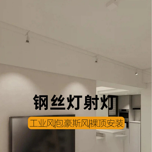 智能走线灯钢丝灯轨道射灯设计师款包豪斯风银色明装工业钢索灯