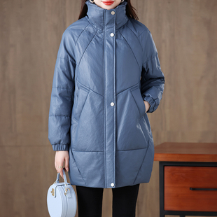 冬季加厚皮羽绒服女真皮中长款立领蚕型压花绵羊皮加绒皮草外套