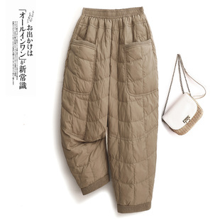 纯色螺纹拼接夹棉加厚哈伦棉裤 女2025秋冬文艺复古保暖宽松