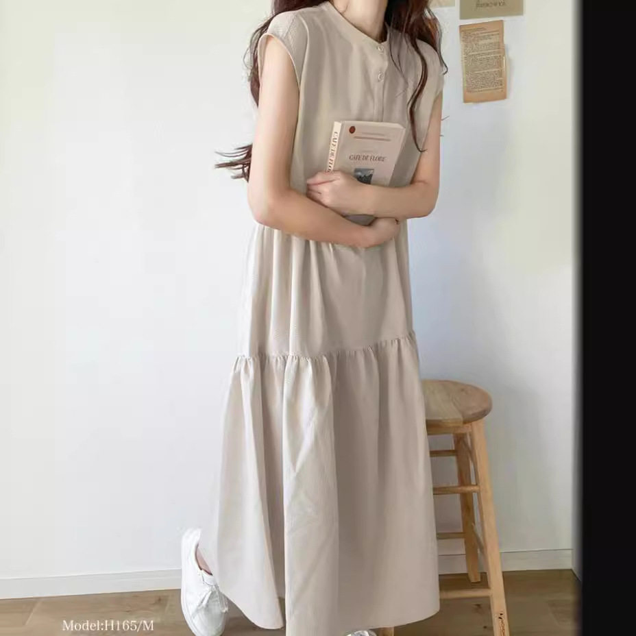韩国chic2025夏新款圆领小排扣甜美小清新条纹无袖过膝连衣裙 6色