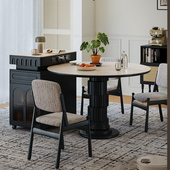 奢梵日记岛台餐桌一体法式 复古餐厅小户型家用实木中古风岩板圆桌