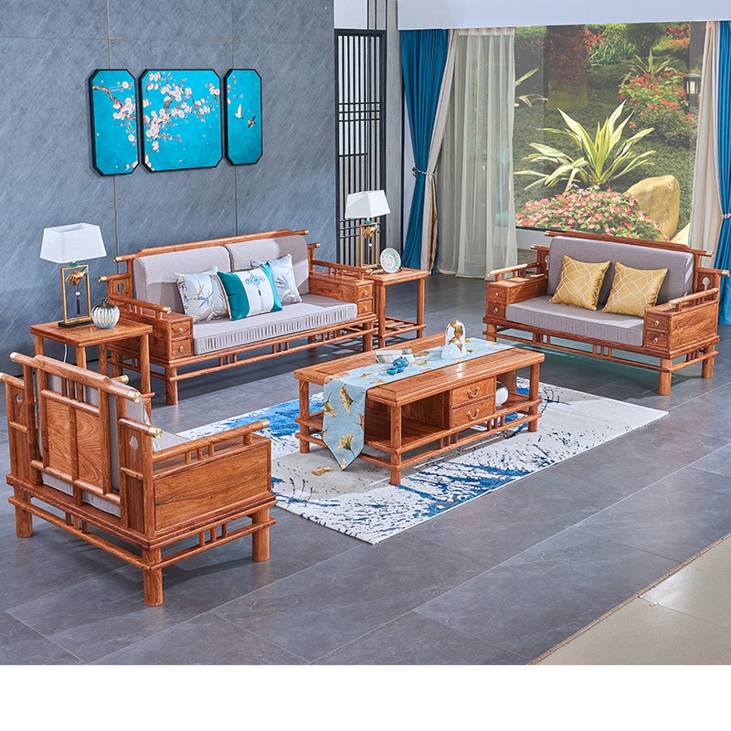 红木沙发 刺猬紫檀新中式软体沙发 客厅现代简约实木沙发茶几组合