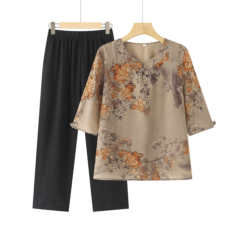 国风妈妈夏装中袖小衫洋气套装t恤中老年人女时尚奶奶雪纺上衣服