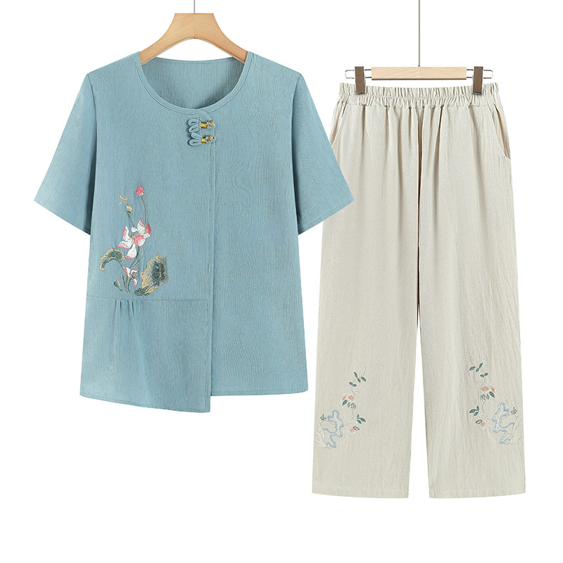 妈妈夏装新款全棉套装短袖刺绣两件套中老年人女装洋气奶奶上衣服