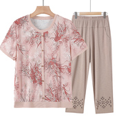 奶奶装 妈妈装 T恤套装 中老年人衣服女老太太弹力冰丝小衫 夏装 短袖