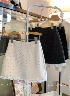 高腰显瘦波点包臀裙A字裙甜美风蕾丝拼接半身裙女夏季新款短裙子