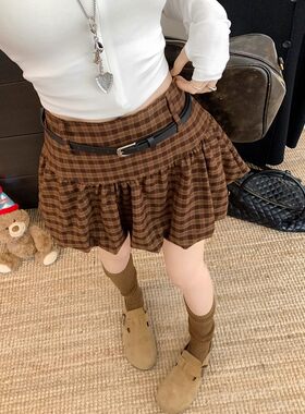 复古格子花苞半身裙女2025秋季新款设计感高腰显廋防走光a字短裙