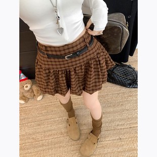 复古格子花苞半身裙女2025秋季新款设计感高腰显廋防走光a字短裙