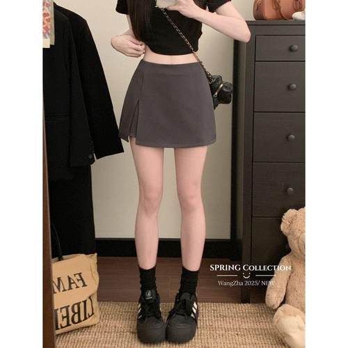 辣妹黑色侧开叉半身裙女春季高腰显瘦A字裙百搭包臀防走光短裙子