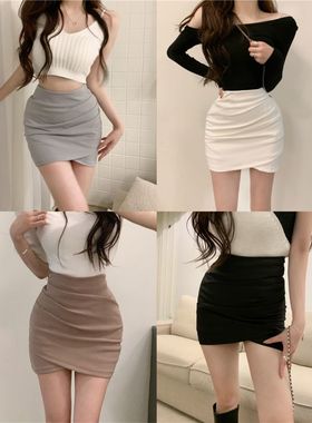 辣妹黑色不规则褶皱包臀半身裙女春季高腰显瘦短裙百搭紧身a字裙