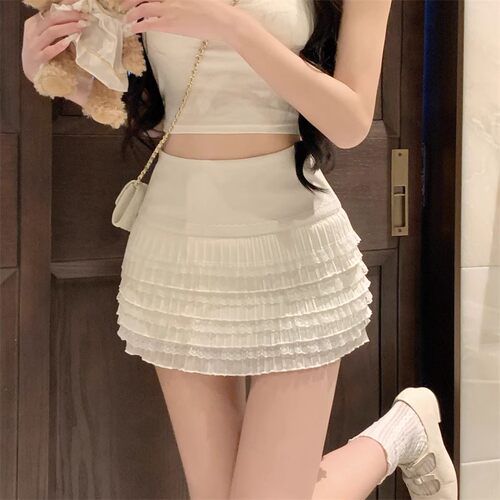 白色气质甜美辣妹蕾丝褶皱短裙夏季夏设计感显瘦百搭蛋糕A字裙子