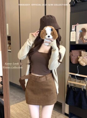 辣妹风美式复古咖色百搭半身裙女秋季高腰显瘦包臀裙防走光短裙子