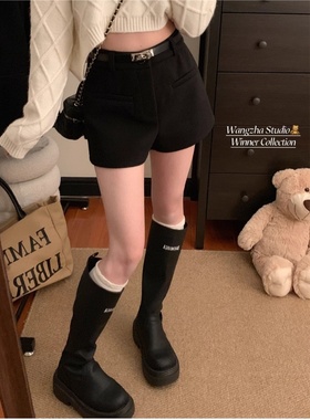 辣妹黑色毛呢A字休闲裤女秋冬靴裤高腰百搭阔腿宽松小个子短热裤