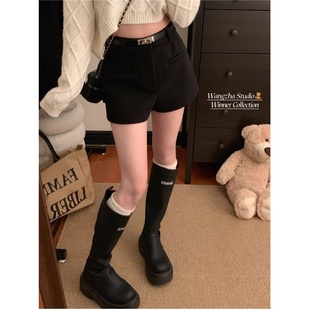 高腰百搭阔腿宽松小个子短热裤 辣妹黑色毛呢A字休闲裤 女秋冬靴裤