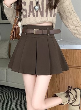 咖色毛呢百褶半身裙女冬季新款高腰显瘦a字伞裙防走光百搭短裙子