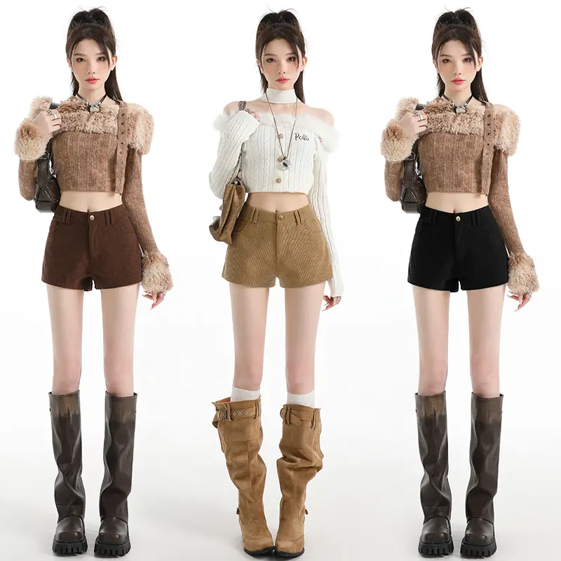 2025秋冬新款灯芯绒高腰咖色包臀短裤美式辣妹穿搭小个子A字热裤