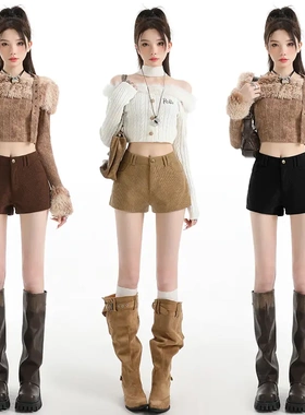 2025秋冬新款灯芯绒高腰咖色包臀短裤美式辣妹穿搭小个子A字热裤