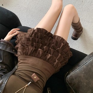 美拉德设计感高腰蓬蓬咖色半身裙女秋冬鹿皮绒包臀裙百褶蛋糕裙子