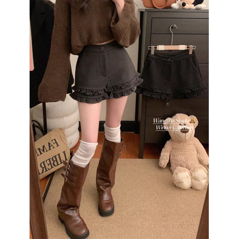 复古甜美风高腰显瘦荷叶边短裤女秋季新款显瘦百搭A字热裤休闲裤