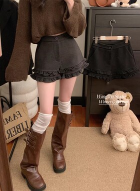 复古甜美风高腰显瘦荷叶边短裤女秋季新款显瘦百搭A字热裤休闲裤