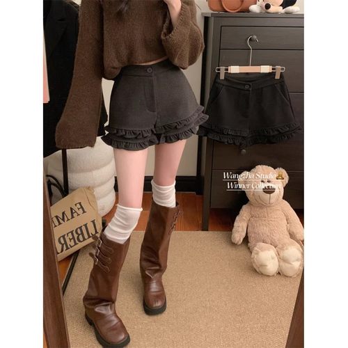 复古甜美风高腰显瘦荷叶边短裤女秋季新款显瘦百搭A字热裤休闲裤