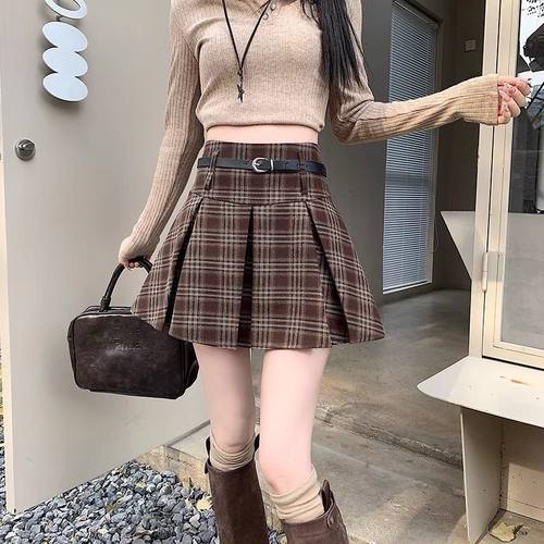 复古辣妹格子百褶裙女气质休闲半身裙秋冬季新款高腰显瘦A字短裙