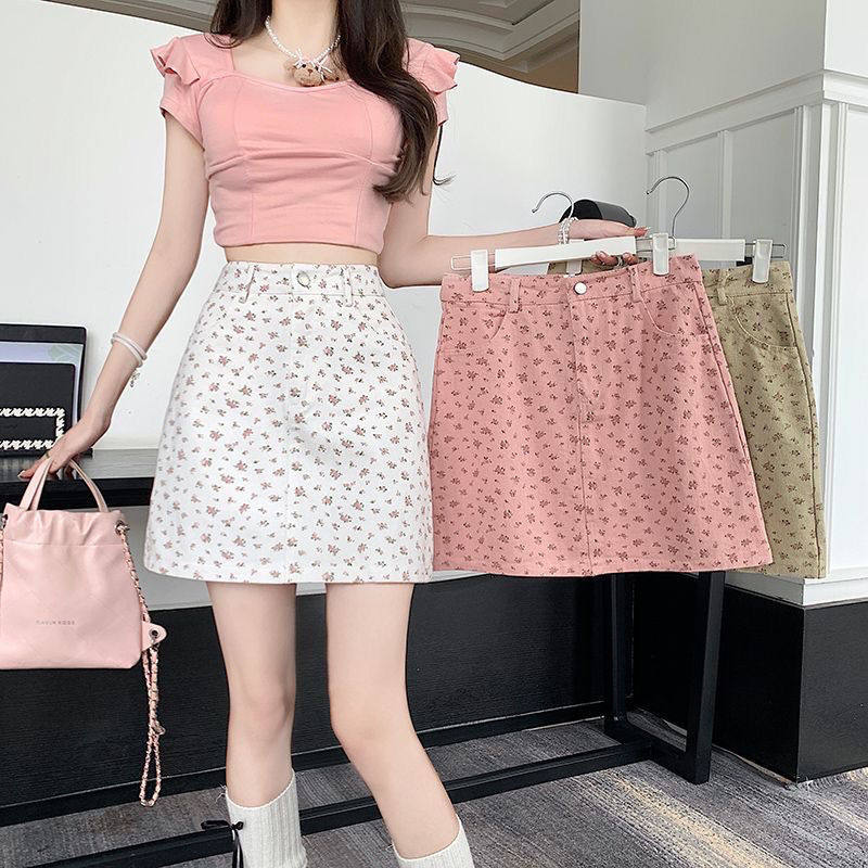 温柔风小碎花牛仔半身裙女夏季高腰显瘦防走光修身包臀a字短裙子