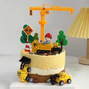 工程车蛋糕装 饰挖土机推土机儿童周岁玩具生日派对摆件插件吊塔
