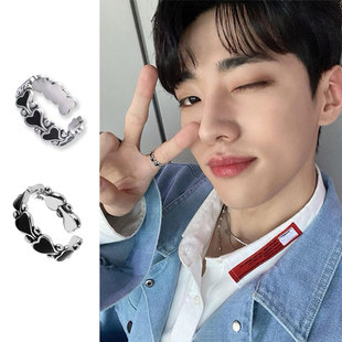 灿尼朴宰灿同款开口925银黑色爱心滴油钻戒指圈环轻奢潮语义错误P