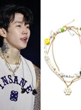 朴宰范同款五瓣花朵吊坠JAY字母时尚元素金色项链圈蘑菇笑脸珍珠