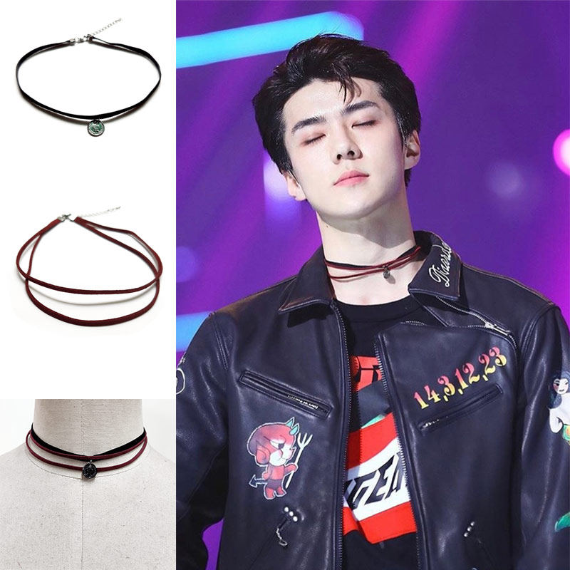 exo吴世勋同款多层项链choker黑红色绒带男女圆牌头像颈链锁骨链8