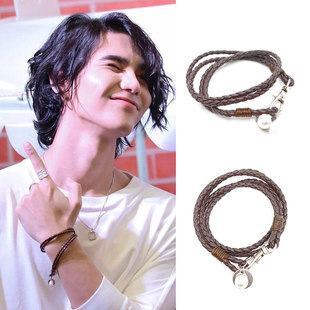 罗杰夫双层双绳PU皮手链环珍珠圆牌吊坠编织黑帮少爷Jeff Satur一