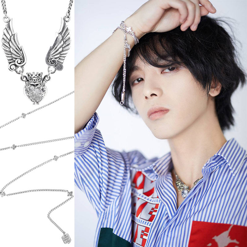 华晨宇明日之子3发布会花花同款爱心翅膀项链十字钻花锁骨链手圈1