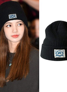 blackpink Lisa同款黑色白标针织帽子卡通毛线百搭韩版户外套头帽