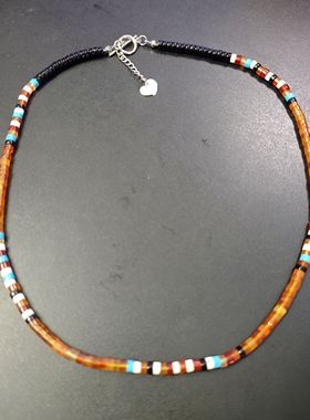 AC新品黑色天然石橙红玛瑙蓝白色松石串珠项链圈锁骨链气质百搭