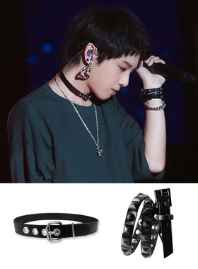 华晨宇同款花花黑色柳丁铆钉皮手链带明火星人音乐会皮绳多层手环