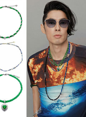 吴建豪同款绿玉猫眼蓝石爱心项链