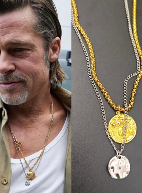 布拉德·皮特 Brad Pitt 同款叠戴金银色狮子牌牌项链型酷长项圈