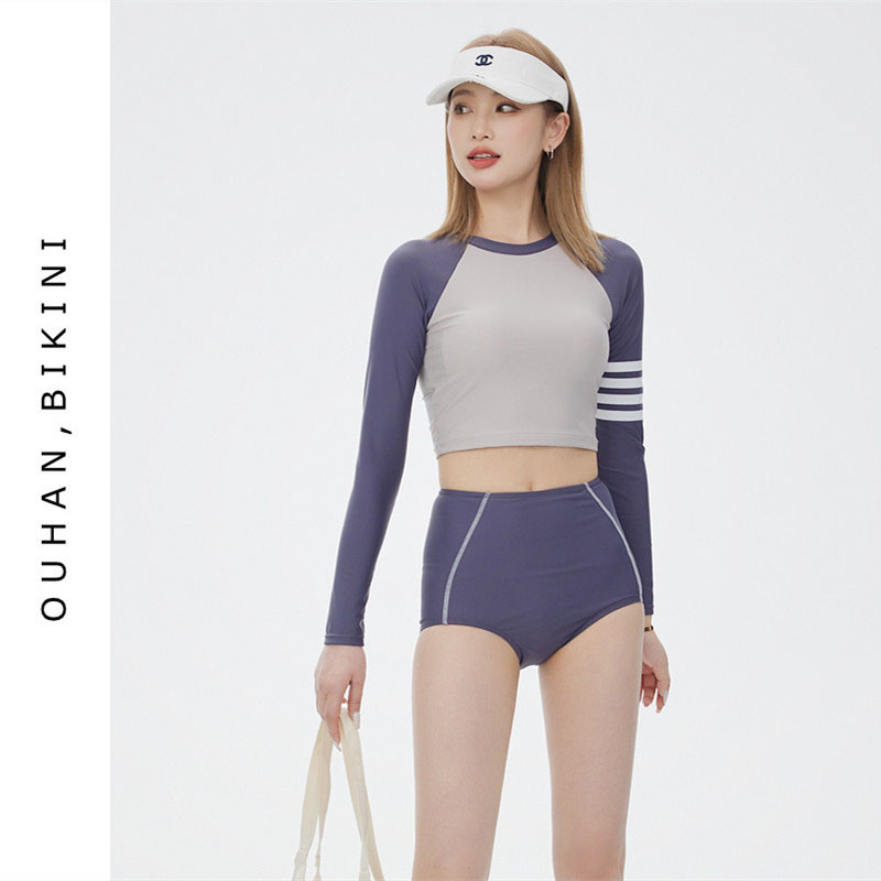 2025新款韩系运动风小胸聚拢高腰遮肚显瘦分体保守长袖温泉泳衣女